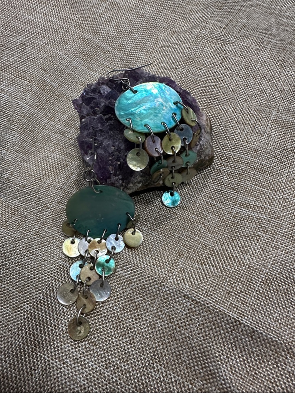 Green Mother-of-Pearl Disc Dangle Earrings - Unbranded